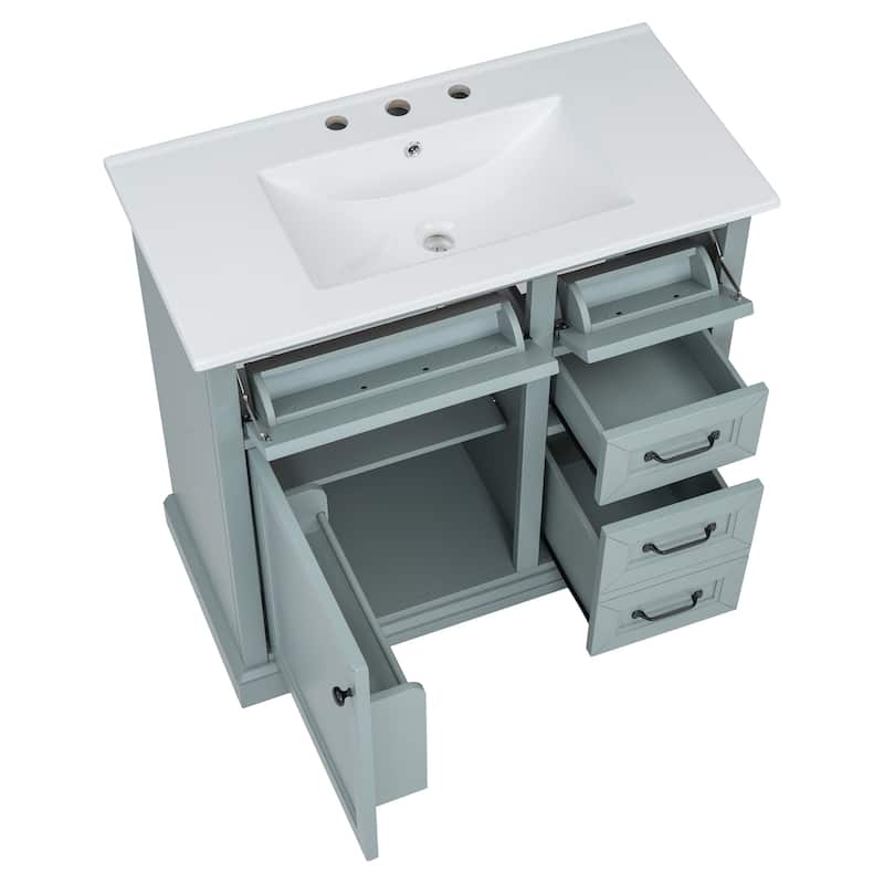 Grey 36-Inch Bathroom Vanity with 2 Tip-Out Drawers, Ceramic Sink, and Painted Finish