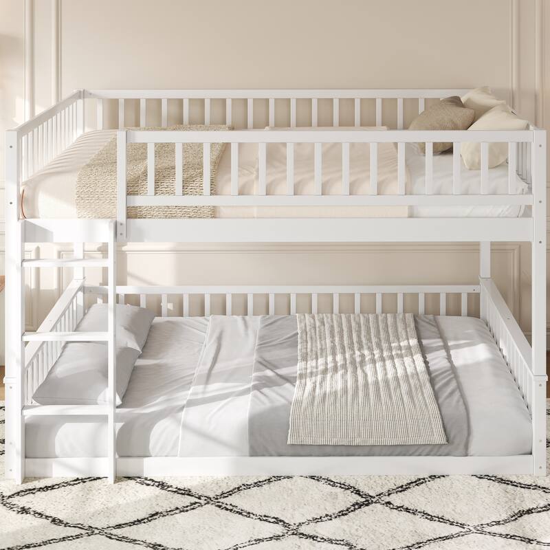 Bunk Bed Frame with Ladder and Guardrails, Detachable Design Wooden Bunk Bedframe into 2 Separate Platform Beds - White Queen over Queen - Queen