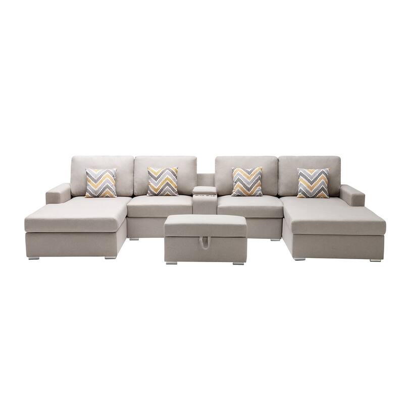 Linen Fabric 6 Piece U-Shaped Double Chaise Sectional Sofa with Interchangeable Legs and Storage Console Table - Beige