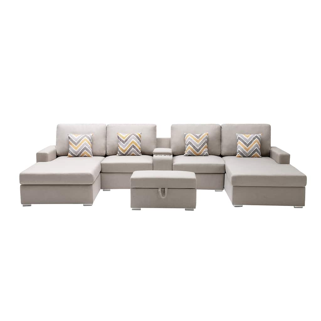 Linen Fabric 6 Piece U-Shaped Double Chaise Sectional Sofa with Interchangeable Legs and Storage Console Table