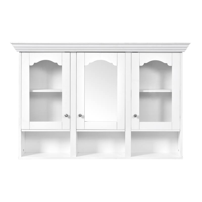 Bathroom Wall Cabinet with Mirror, Wall Mounted Bathroom Cabinet with Glass Doors, 3 Adjustable Shelves & 3 Open Compartments