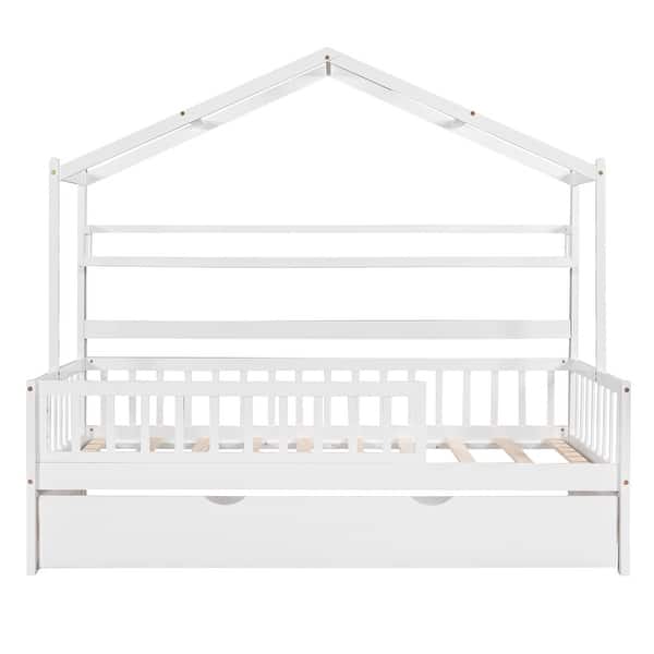 slide 2 of 13, Pine Twin House Bed with Trundle & Shelves - Safe & Fun