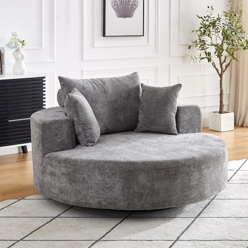 360° Swivel Sofa Chair Chenille Round Single Chaise Lounge with Cylindrical Neck Pillow and Integrated Backrest for Living Room