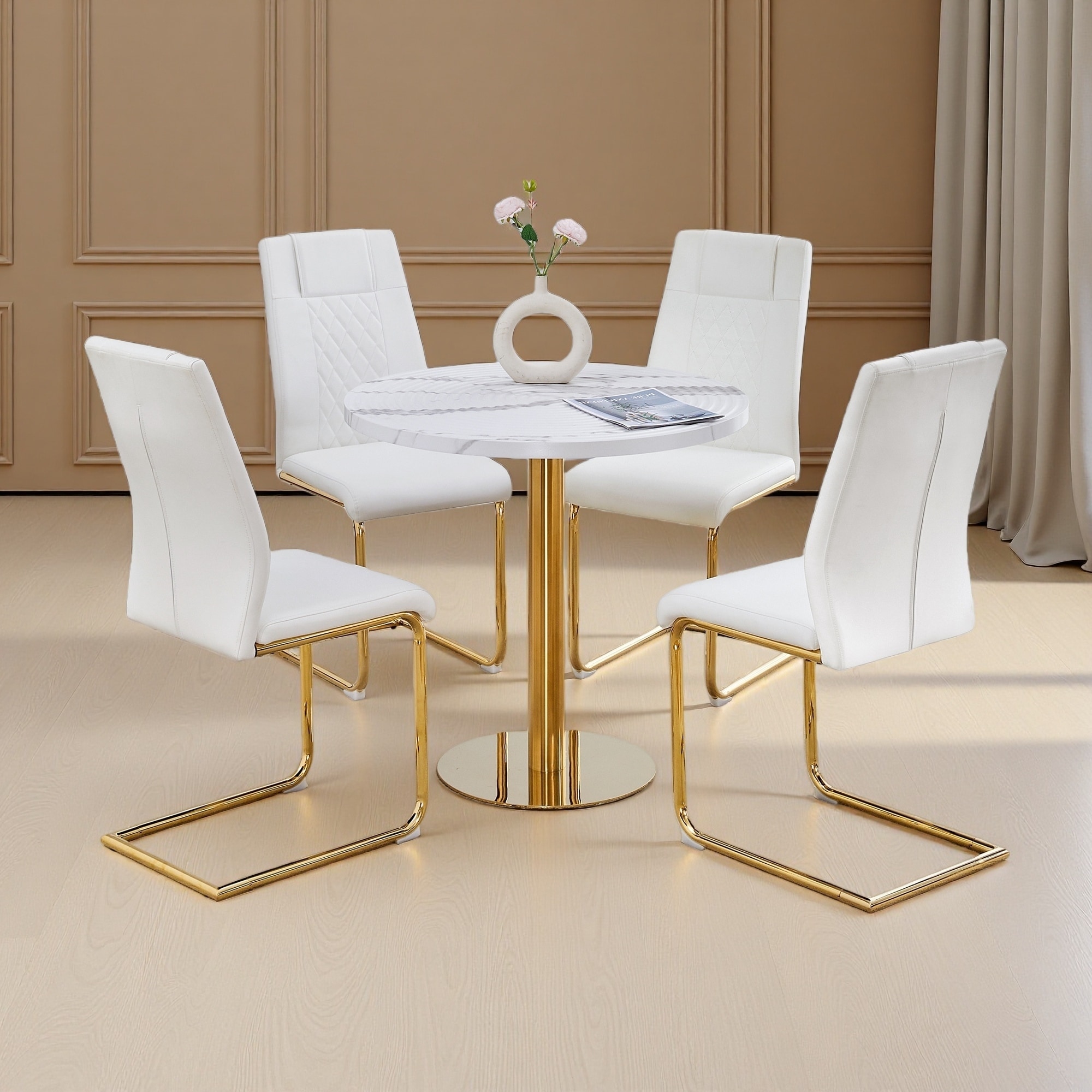 5-Piece Dining Set with Marble Pattern Round Table and 4 PU Armless Chairs