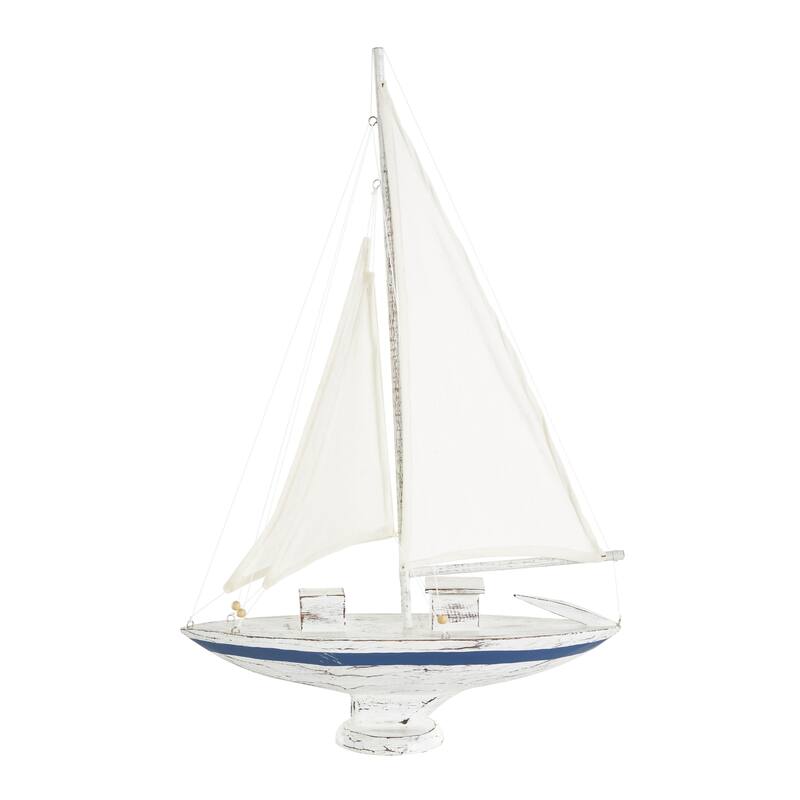 Wood Sail Boat Distressed Decorative Sculpture with Brown Beaded Accents - White - Roche River Decor