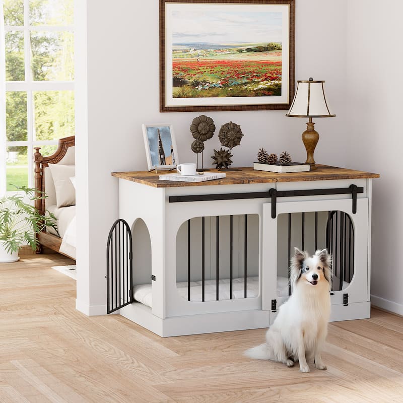 EROMMY Multifunctional Dog Crate Furniture - Heavy Duty Wooden Kennel with Soft Cushion, End Table/TV Cabinet for Indoor Use - Big