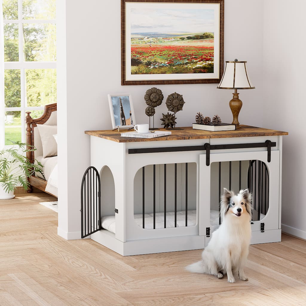 EROMMY Multifunctional Dog Crate Furniture - Heavy Duty Wooden Kennel with Soft Cushion, End Table/TV Cabinet for Indoor Use