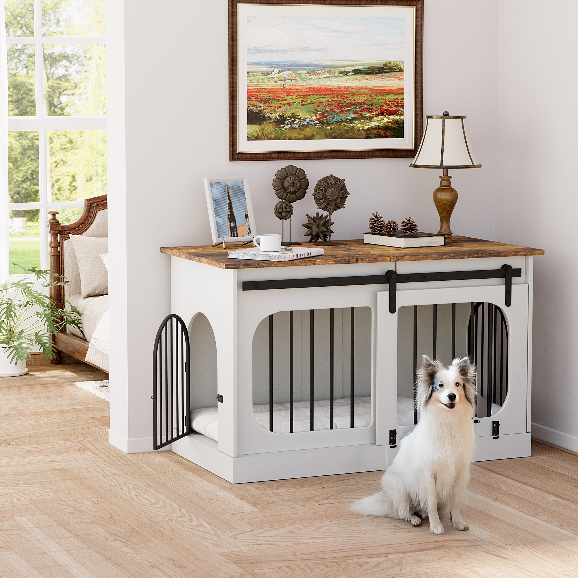 EROMMY Multifunctional Dog Crate Furniture - Heavy Duty Wooden Kennel with Soft Cushion, End Table/TV Cabinet for Indoor Use
