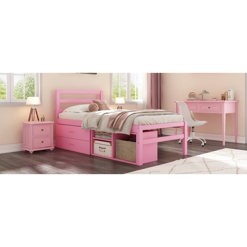 Wood Bed with Removable Shelves & 2 Storage Drawers