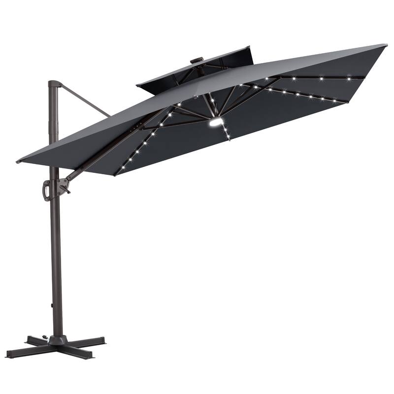 11 FT Square Outdoor Premium Double Top Solar Powered LED Patio Cantilever Umbrella