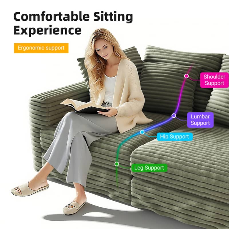 GDFStudio - Plush Corduroy 4-Seater 102.4" Deep Sofa with Convertible Lounge