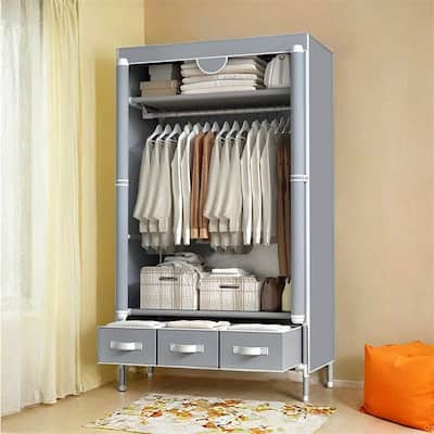 Portable Clothes Closet Rolling Door Wardrobe with Hanging Rack