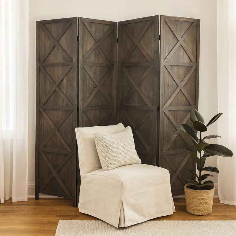 79 Inch Wood 4 Panel Screen Room Divider, Crossed Accents, Brown