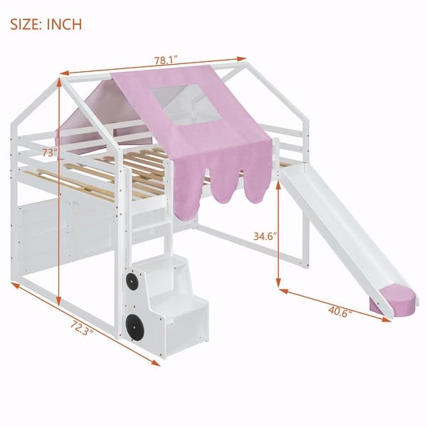 dimension image slide 3 of 4, Kids Loft Bed with Slide & Ladder, House-Shaped Frame, Storage Shelves, Twin/Full, Natural/Beige