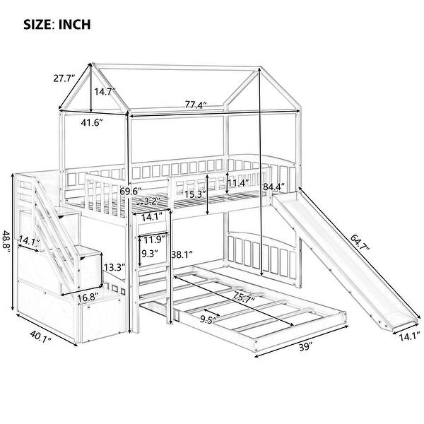 Twin L-Shaped Playhouse Bunk Bed with Storage Stairs, Ladder and Slide
