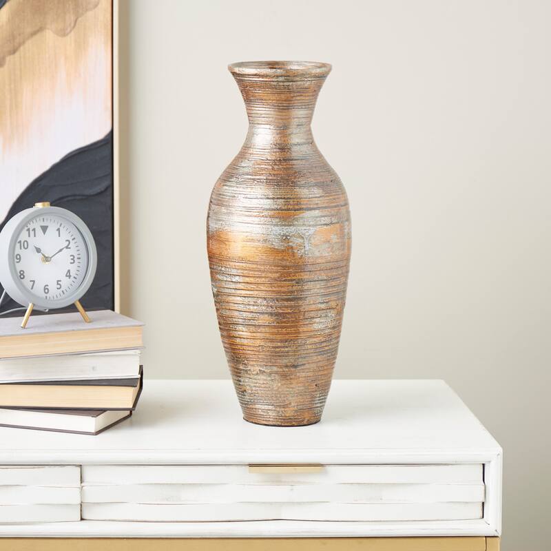 Brown Bamboo Wood Antique Inspired Pot Vase - Brown - 8"W, 21"H