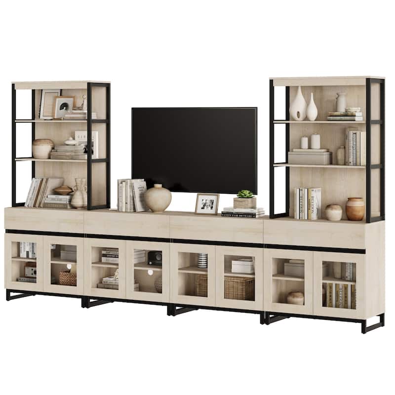 Modern TV Stand with 3 Tiers Bookshelf,Wooden Media TV Console with Glass Doors for Living Room