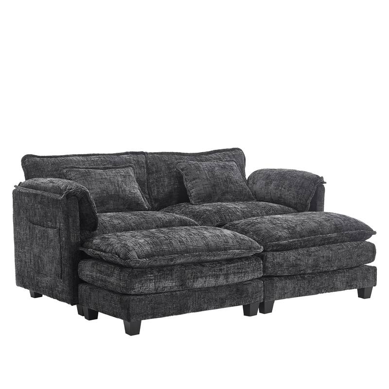 Chenille Sleeper Sofa Bed Deep Seat Loveseat Sectional Couch with Ottomans Chaise Lounge, Detachable Armrests and Side Pockets