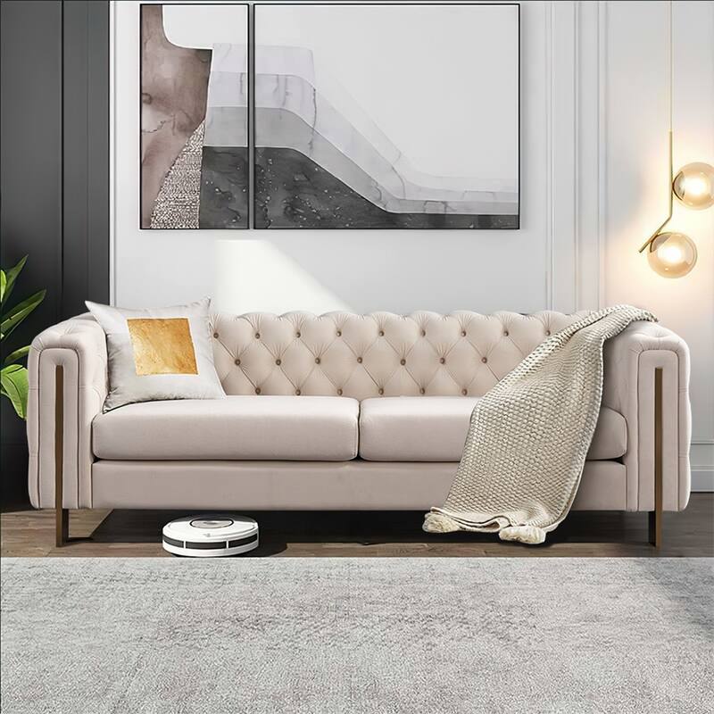 Modern Elegant Velvet Sofa With Buttons Upholstery And Metal Legs - Cream