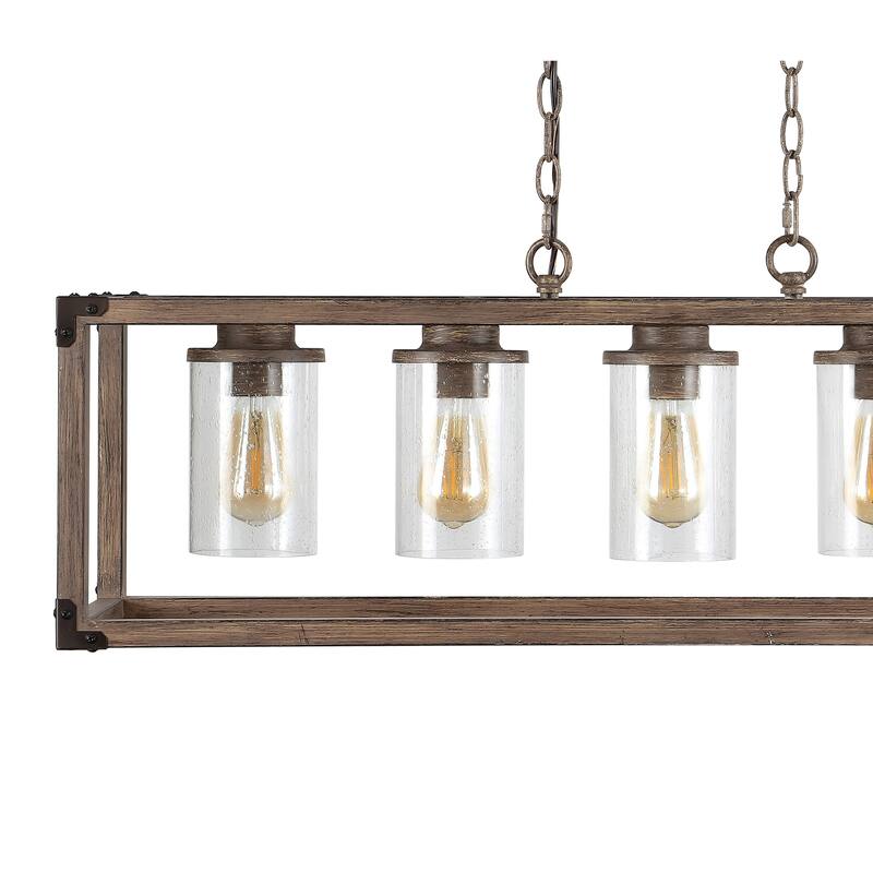 Darlene 36" 5-Light Linear Adjustable Iron/Seeded Glass Rustic Farmhouse LED Pendant, Brown by JONATHAN Y