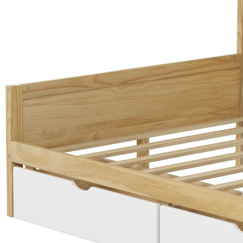 Wooden L Shaped Daybed with Bookcase and 2 Drawers, Multi-functional Corner Platform Sofa Bed Frame with Built In Desk