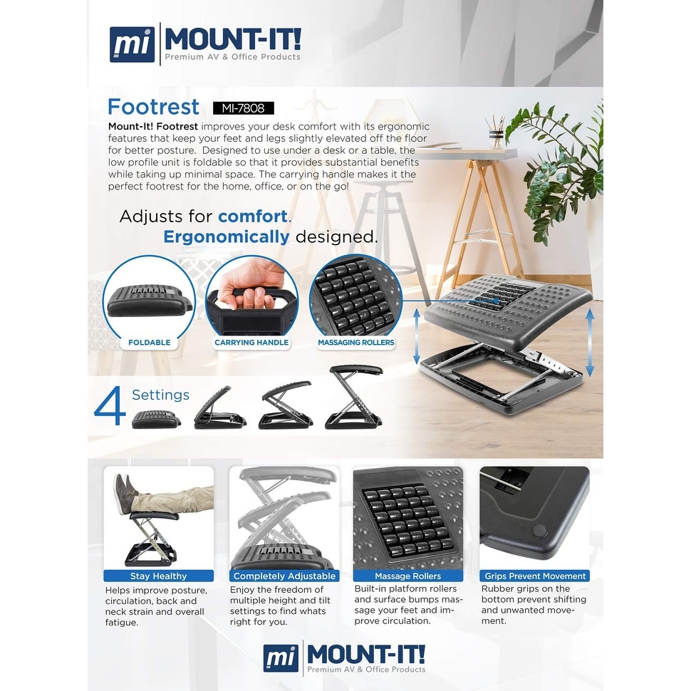 Mount-It! Ergonomic Adjustable Office Footrest, 18 x 14, Black