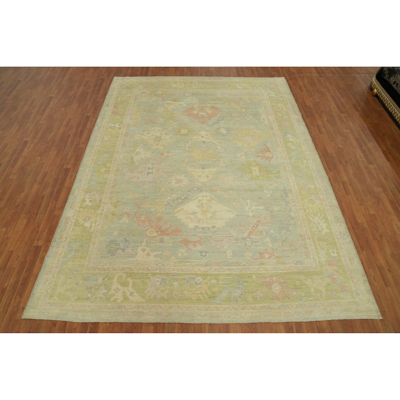 Handmade Wool Oushak Turkish Area Rug, Floral Geometric Carpet - 12' 1'' X 9' 0''