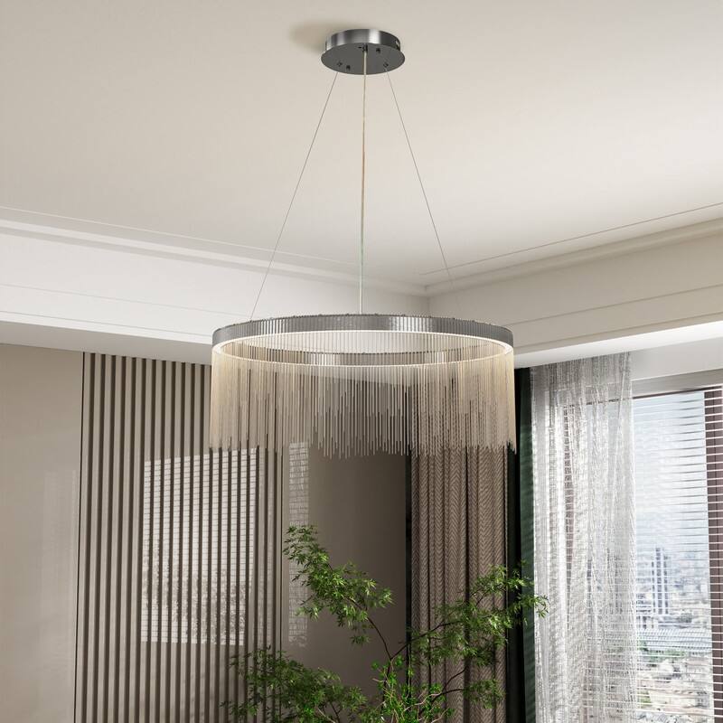 Aluminum Tassel Linear Chandelier Round Ceiling Pendant Lighting Fixture Over Dining Table, Kitchen Islands, Entryways