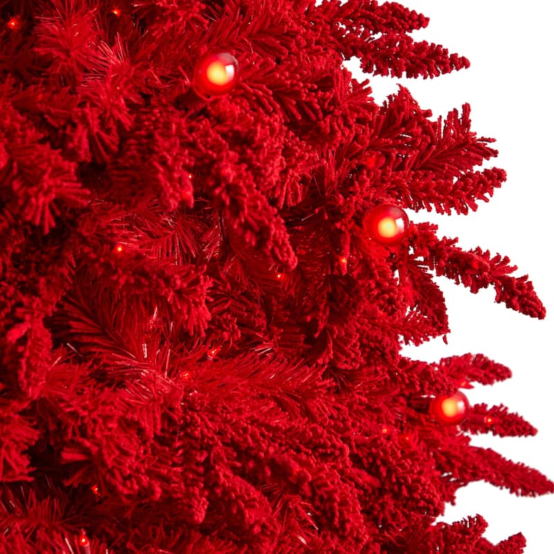 8ft. Red Flocked Fir Artificial Christmas Tree with 700 Red Lights, 45 Globe Bulbs & 1468 Branches - Bold X-Mas Statement Tree