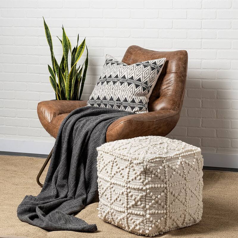 Ivory Wool Pouf Ottoman Geometric Cube Footrest Seat for Living Room