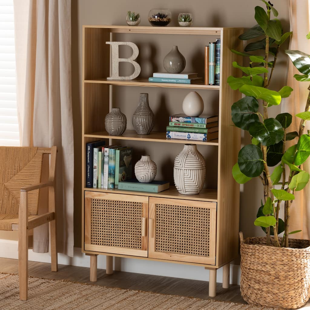 Faulkner Mid-Century Modern Wooden Bookcase & Bookshelf-Natural Brown
