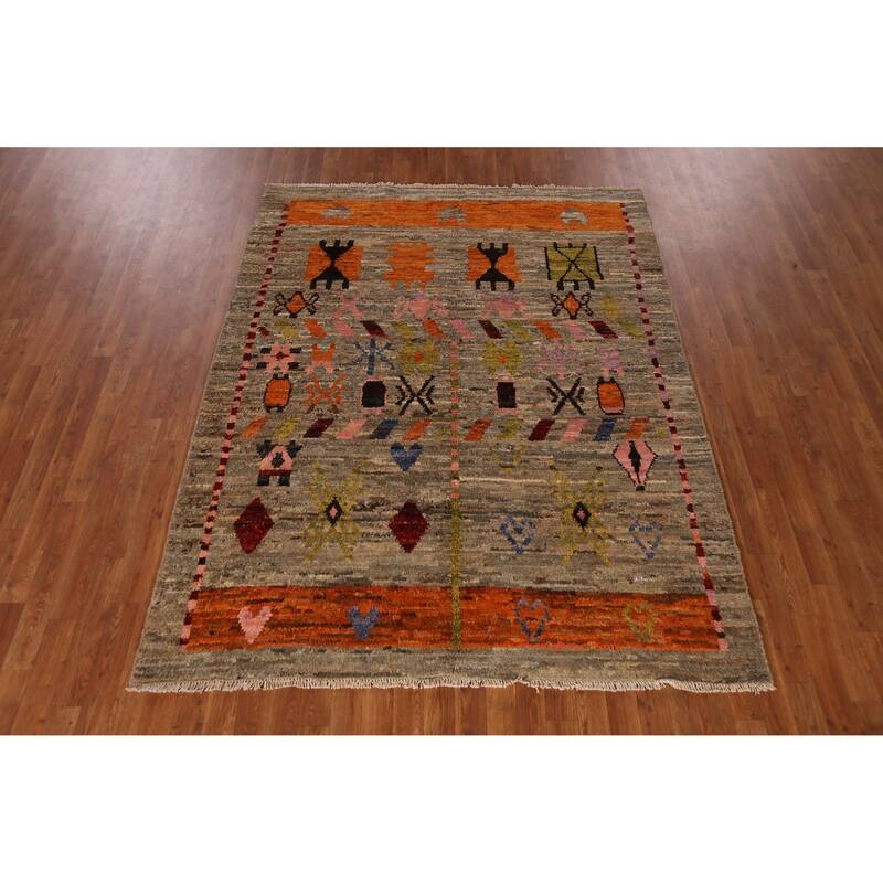 Geometric Moroccan Oriental Area Rug Handmade Brown Wool Carpet - 5'9" x 7'7"