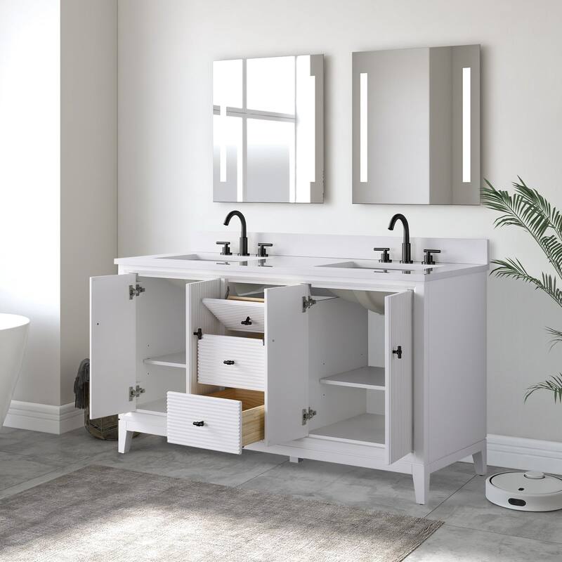 Vanity Art 60" Freestanding Bathroom Vanity with Engineered Marble Top and Sinks