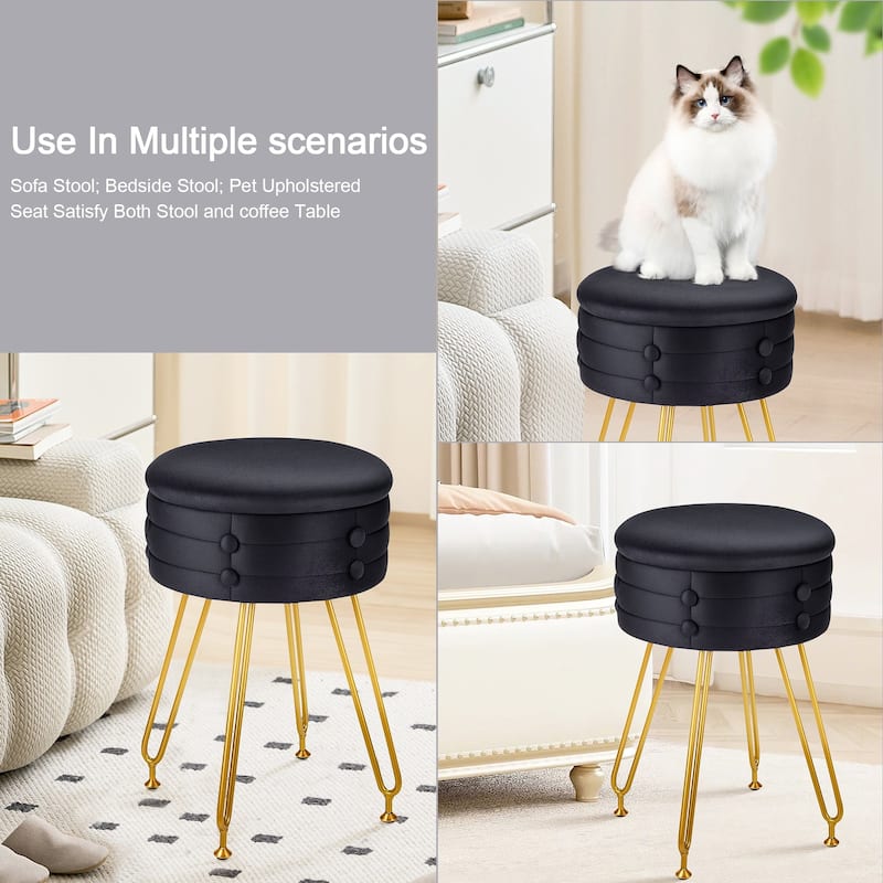 VECELO 18.5"H Multi-Functional Velvet Vanity Stool Tufted Small Vanity Chair with Metal Legs Convertible Storage End Table