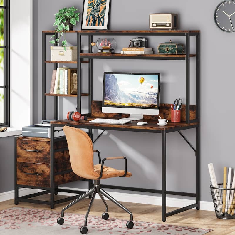 Rustic Computer Office Desk with Drawers and Hutch - Brown