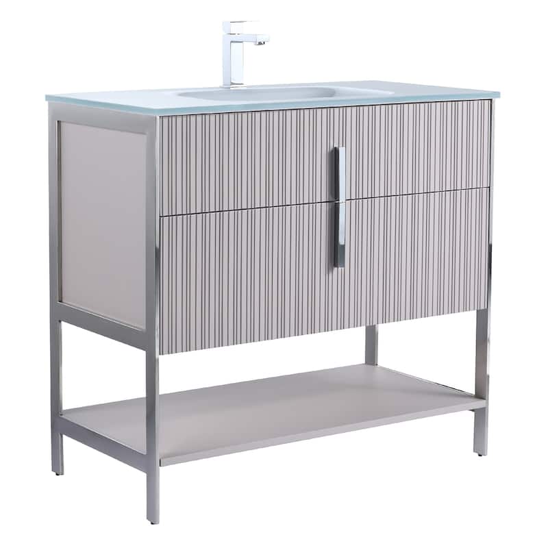 Fine Fixtures Serenity Modern Bathroom Vanity with White Glass Top - Bright Taupe - Chrome Hardware - 36 inch
