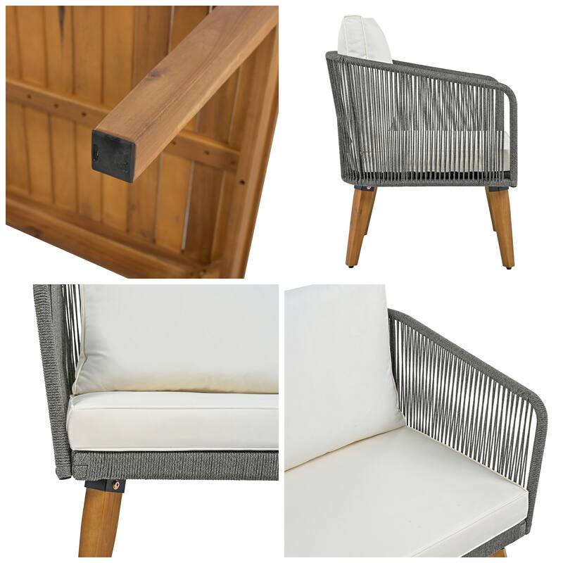Patio Furniture Set with Loveseat, Rope Chairs & Beige Cushions, 4 Pcs