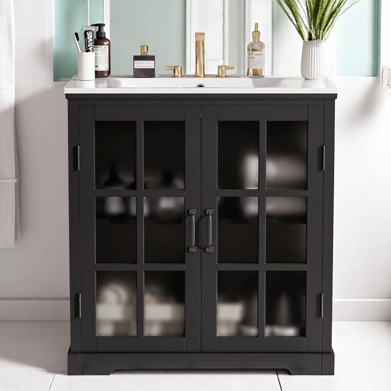 30" Modern Bathroom Vanity with Ceramic Sink, Tempered Glass Doors, Matte Black Handles & Rubber Wood Frame - Black