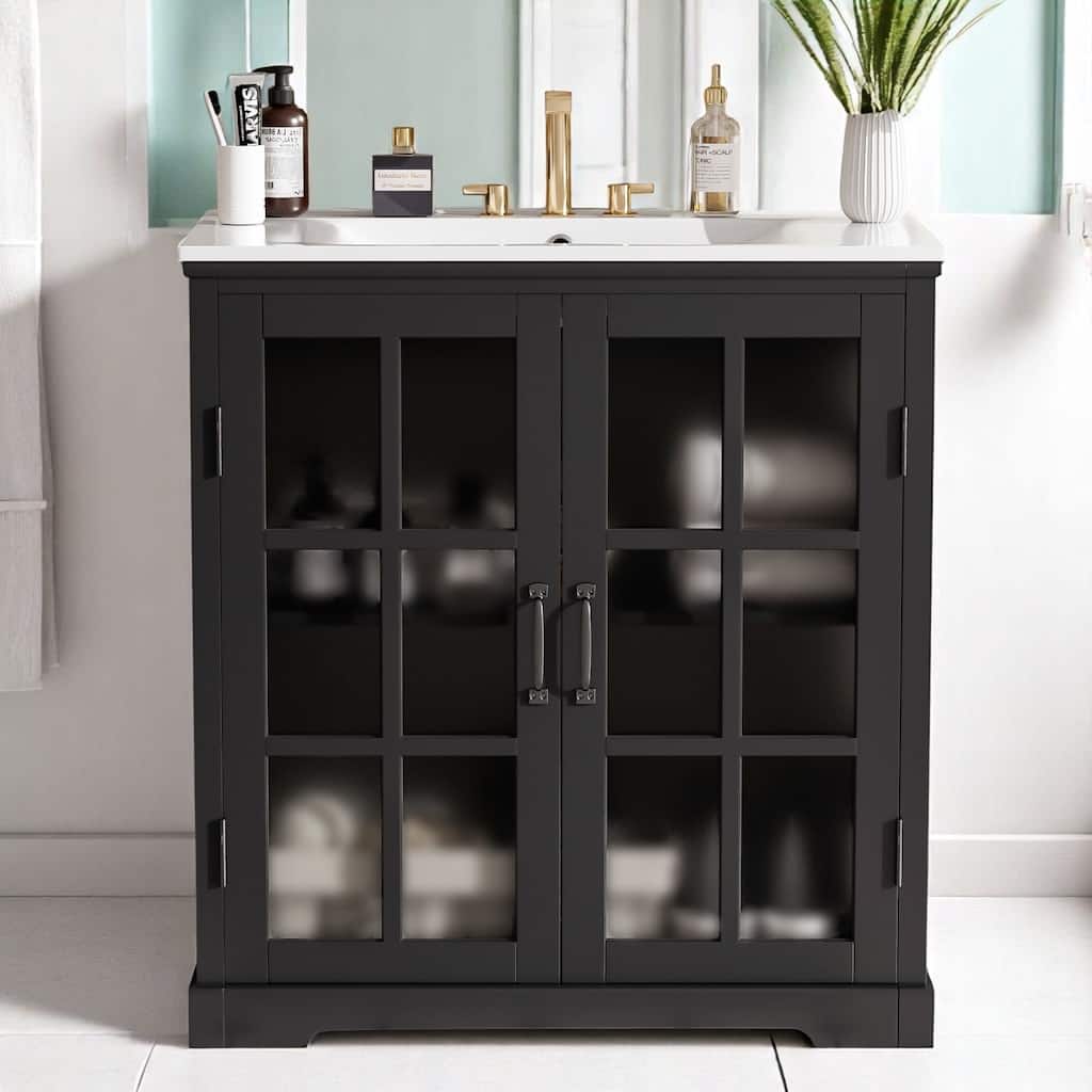 30" Modern Bathroom Vanity with Ceramic Sink, Tempered Glass Doors, Matte Black Handles & Rubber Wood Frame