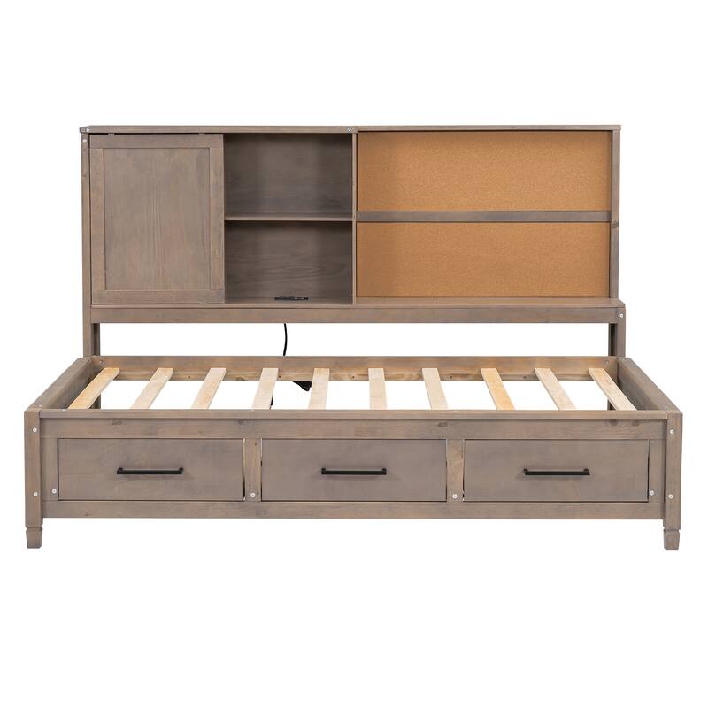 Twin Size Lounge Daybed with Storage Shelves, USB Ports, 3 Drawers