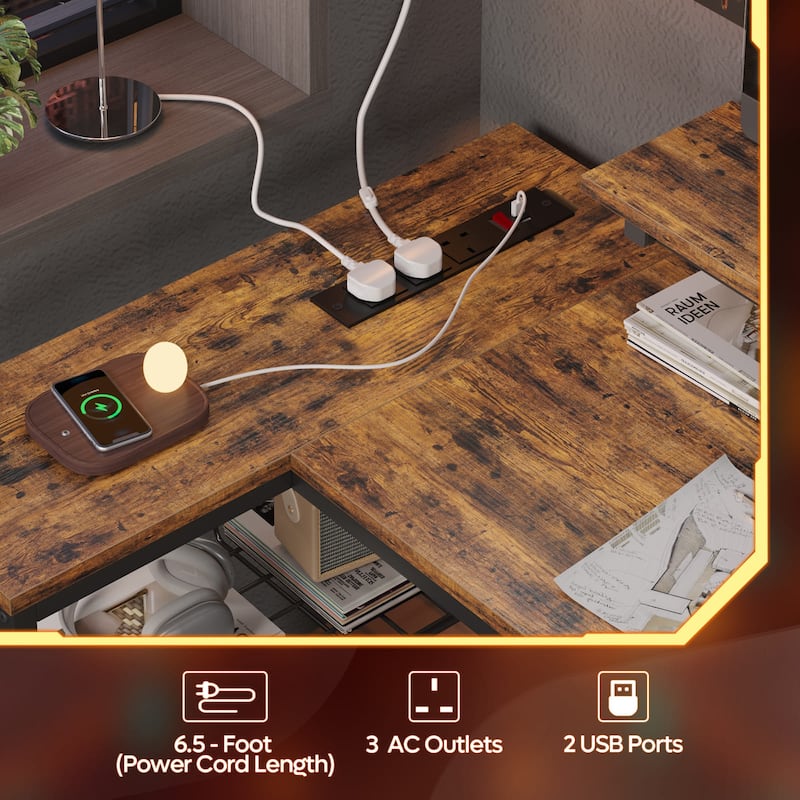 Bestier 42" Gaming Desk with Power Outlets, L-Shaped Desk with LED Lights and Reversible