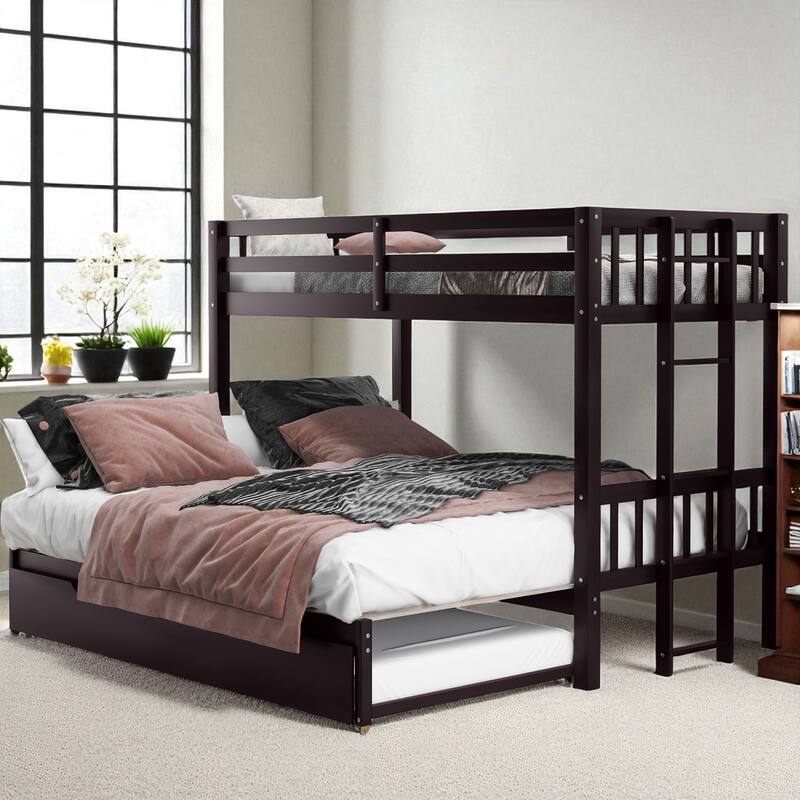 Twin Over Twin Pull-Out Bunk Bed with Trundle, Convertible 4 Beds, Solid Wood Frame with Guardrails and Ladder - Espresso - Twin