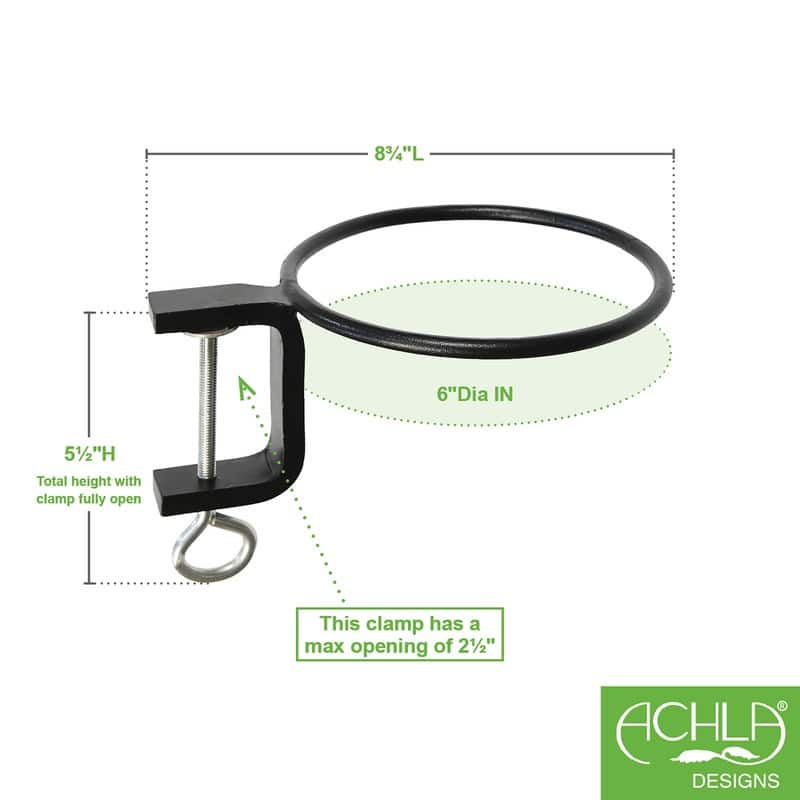Achla Designs Set of 2 Clamp-On Flower Pot Holder Ring Brackets, Black Powder Coat Finish