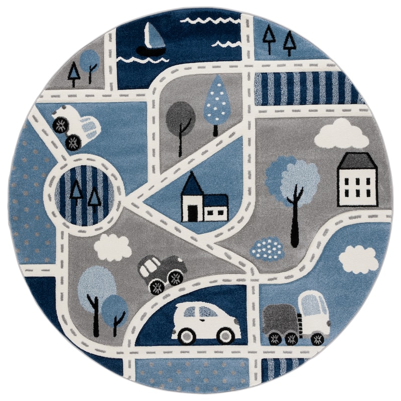 SAFAVIEH Carousel Kids Mihaila Neighborhood Rug - 6'7" Round - Grey/Blue - Round