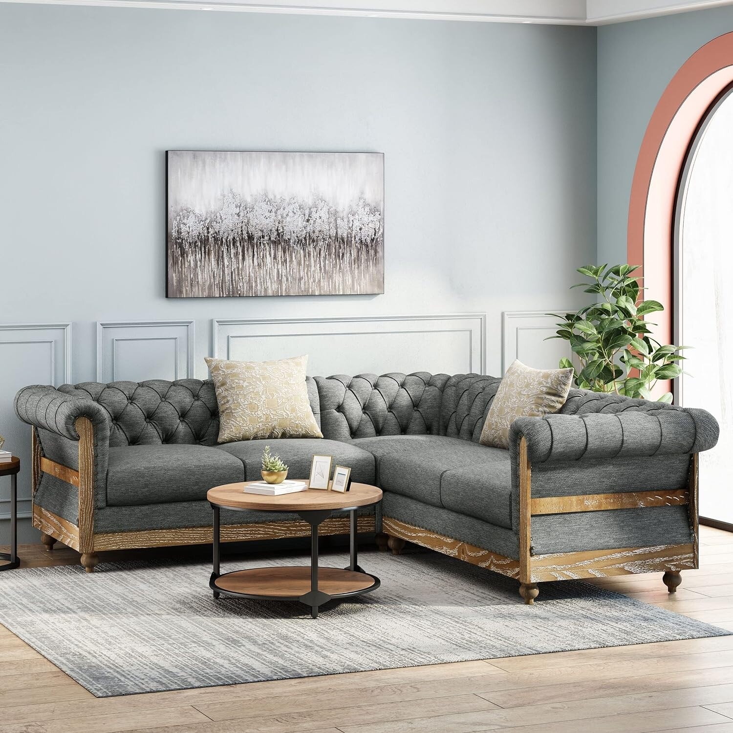 Charcoal Retro L-Shaped Sectional Sofa with Wooden