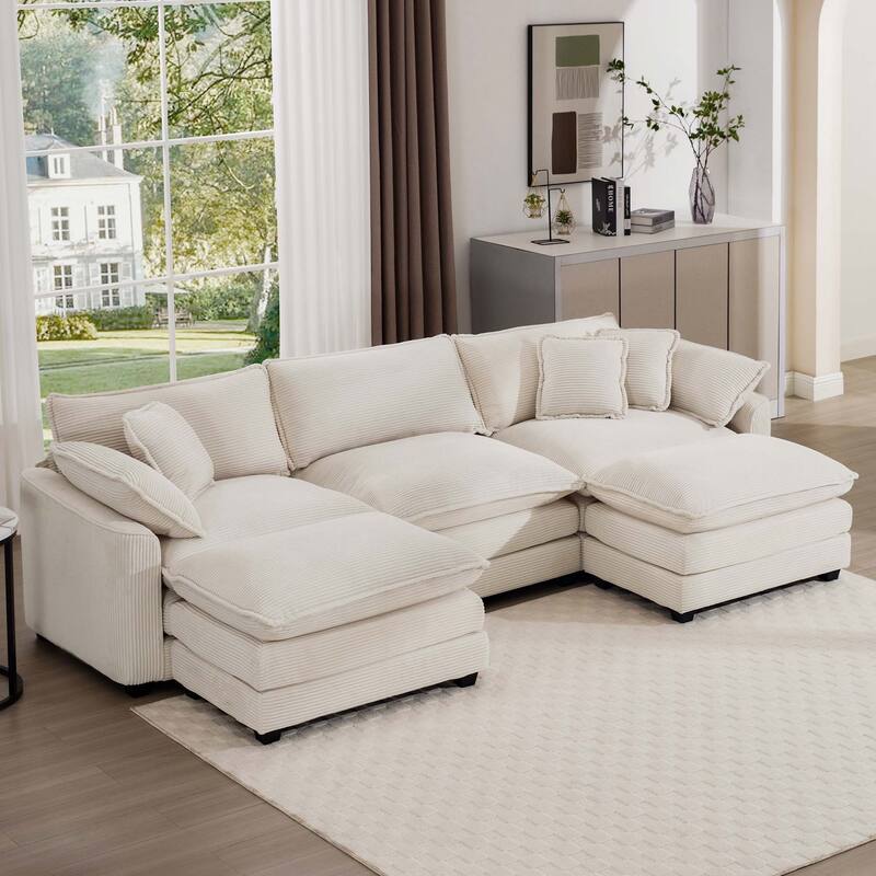 Plush Corduroy U-Shaped Modular Sofa with Convertible Ottoman - 3 Seat Sectional Sofa Bed - Beige