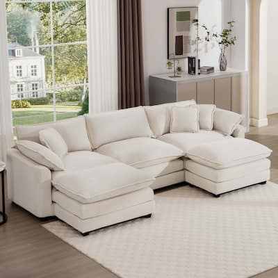 Plush Corduroy U-Shaped Modular Sofa with Convertible Ottoman - 3 Seat Sectional Sofa Bed