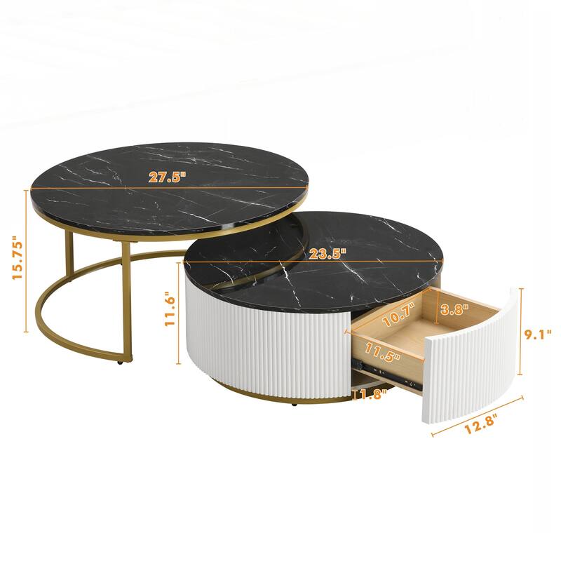 Modern Round Nesting Coffee Table Fluted with Drawer