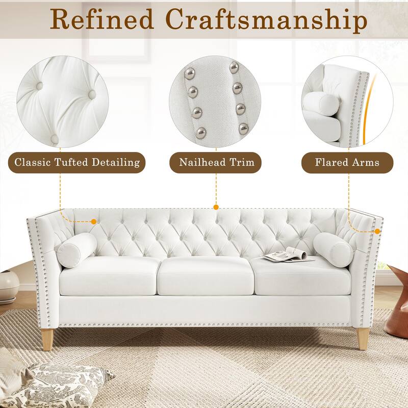 Modern Tufted Back Sofa Couch with Flared Arms, Classical Nailhead Trim Loveseat, Upholstered Living Room Sofa with Pillows