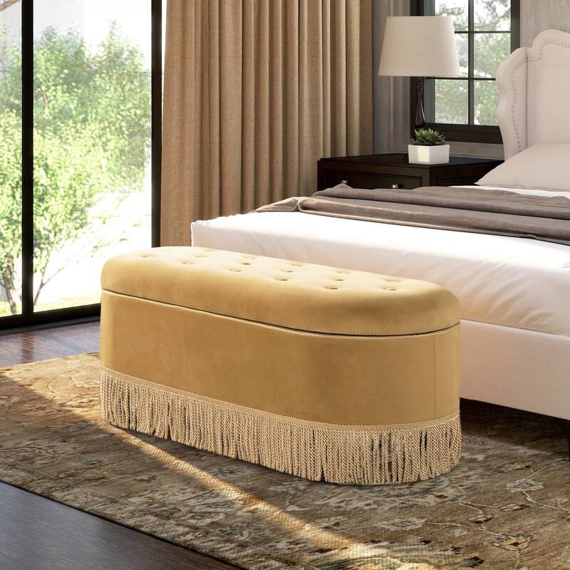 Melinda 48.5" Upholstered Tufted Oval Storage Bench with Bullion Fringe